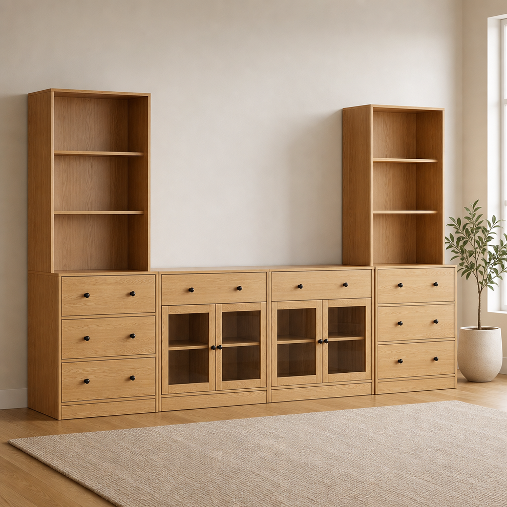 TUSY 71" Large TV Stand Set - TV Entertainment Center for TVs up to 65", Media Cen centered in a warm neutral furnished room