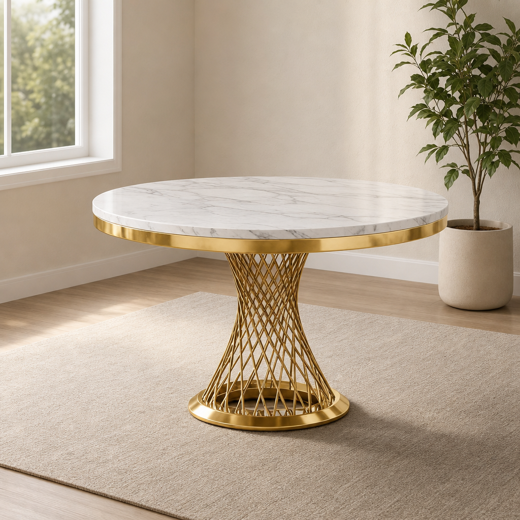 47" Round Faux Marble Dining Table with Stainless Steel Spiral Base, Multiple Fini centered in a warm neutral furnished room