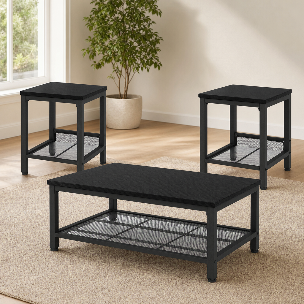 3-Piece Industrial Table Set with 2 Square End Tables — Visit Furniture centered in a warm neutral furnished room