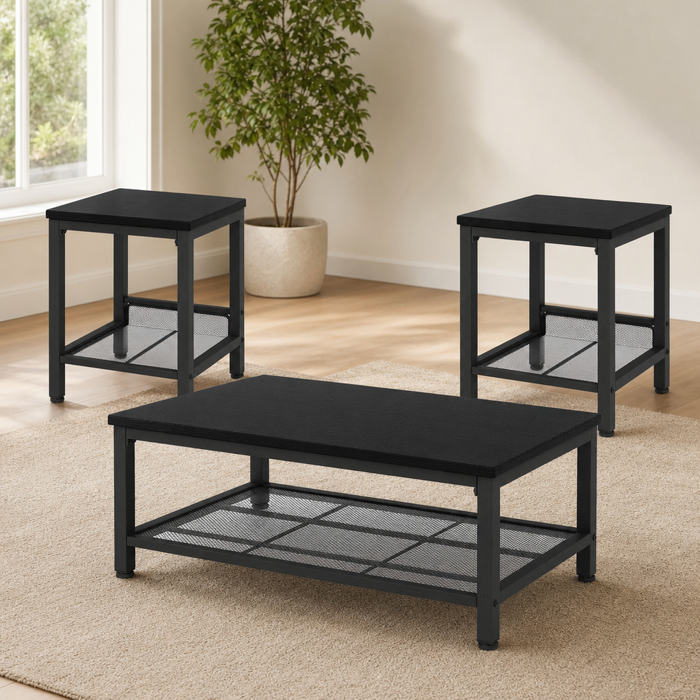 3-Piece Industrial Table Set with 2 Square End Tables — Visit Furniture centered in a warm neutral furnished room