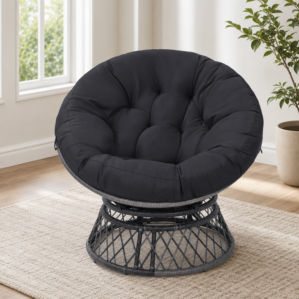 KROFEM 40" Ergonomic Wicker Papasan Chair, Grey Frame with Black Cushion centered in a warm neutral furnished room
