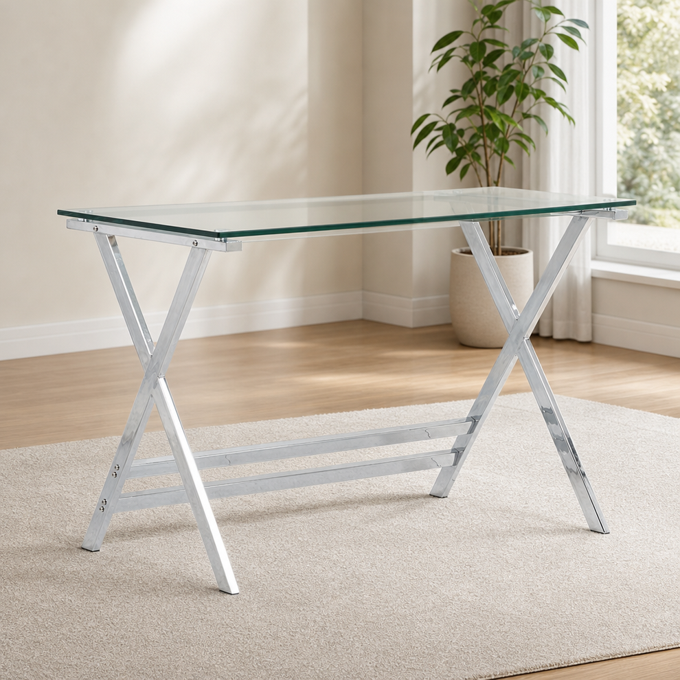 Tempered Glass Computer Desk with X-Shaped Stainless Steel Frame, Clear Top centered in a warm neutral furnished room