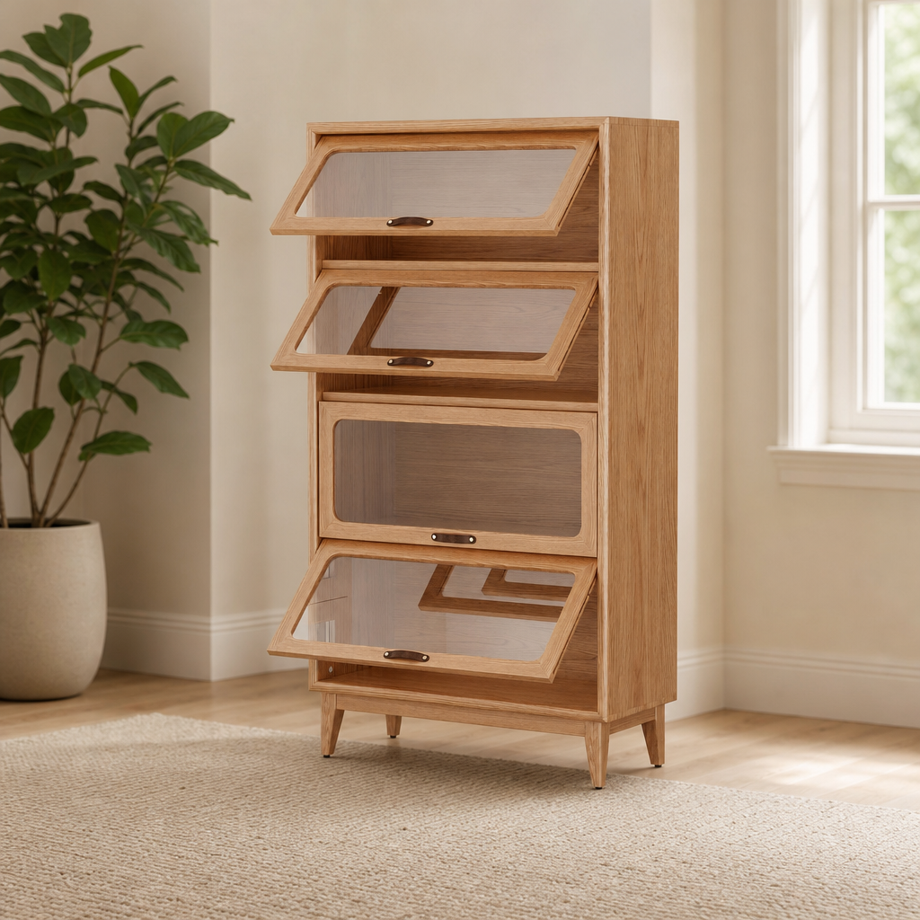 Solid Wood 4-Tier Bookcase with Glass Doors centered in a warm neutral furnished room