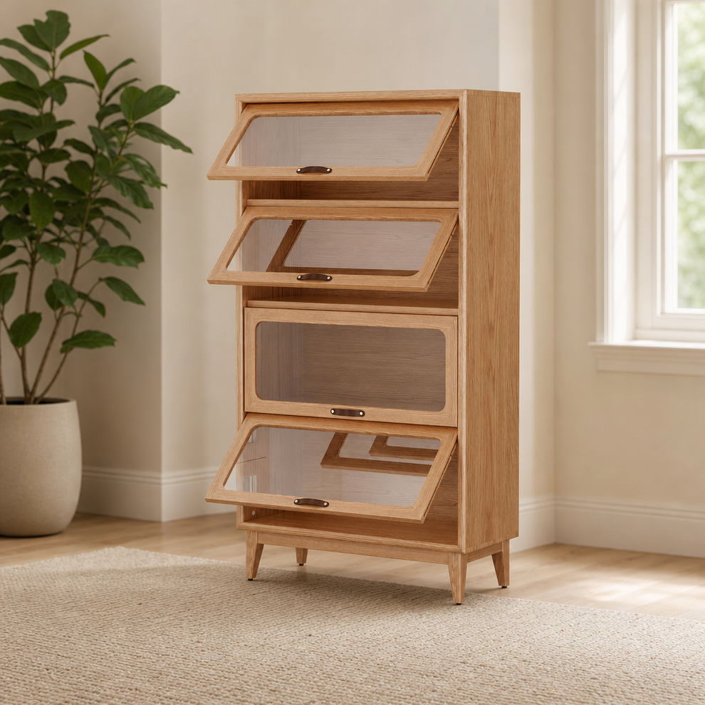 Solid Wood 4-Tier Bookcase with Glass Doors centered in a warm neutral furnished room