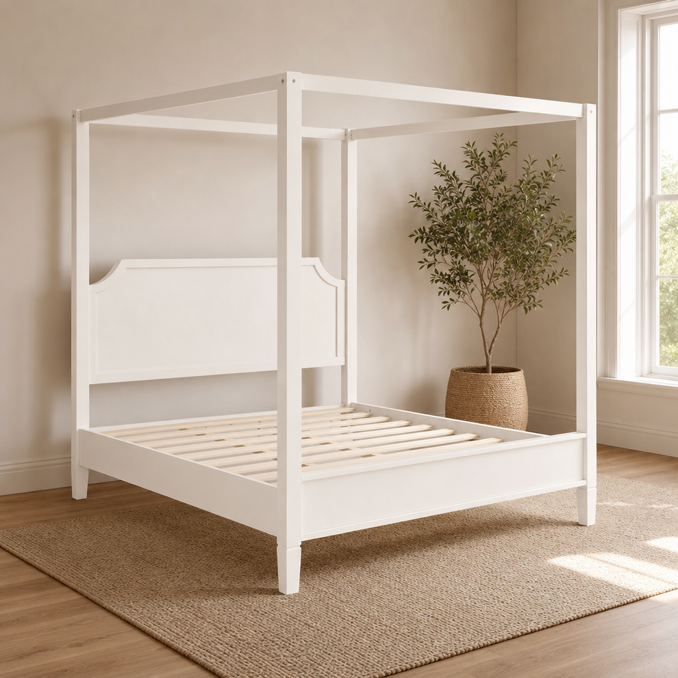 Wooden Four-Post Canopy Platform Bed with Headboard and Slat Support centered in a warm neutral furnished room