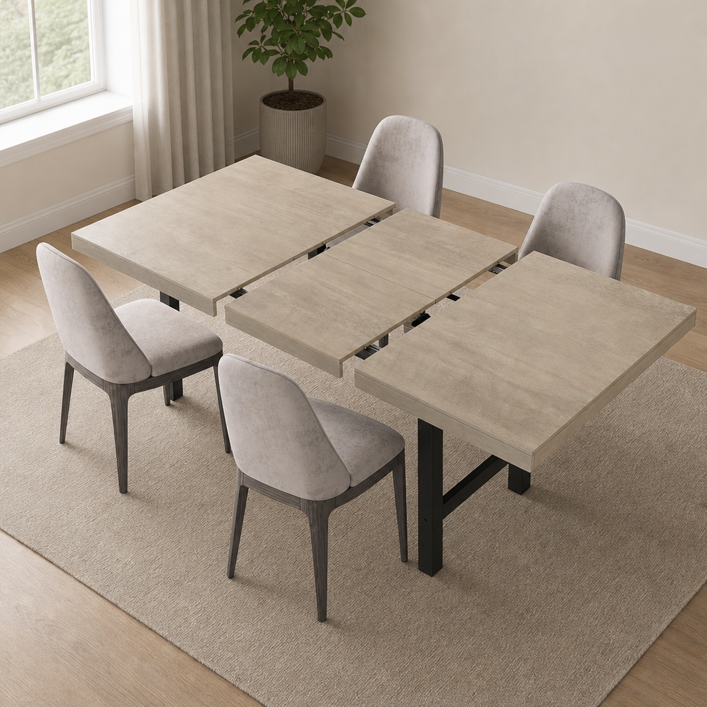 Extendable Butterfly Leaf Dining Table with Metal Frame and Sealed Laminate Top centered in a warm neutral furnished room