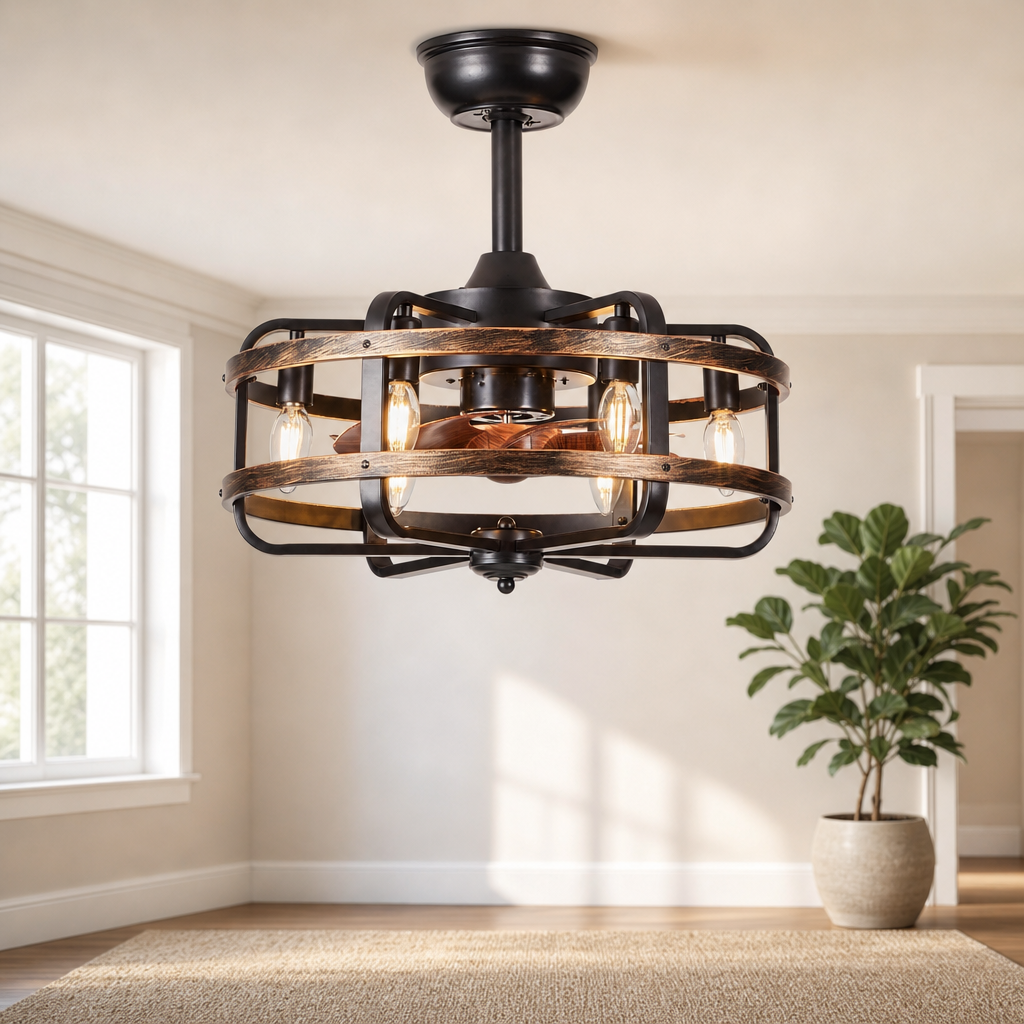 18-Inch Iron Caged Flush-Mount Ceiling Fan with 6 E12 Lights, 8 ABS Blades & Remot centered in a warm neutral furnished room