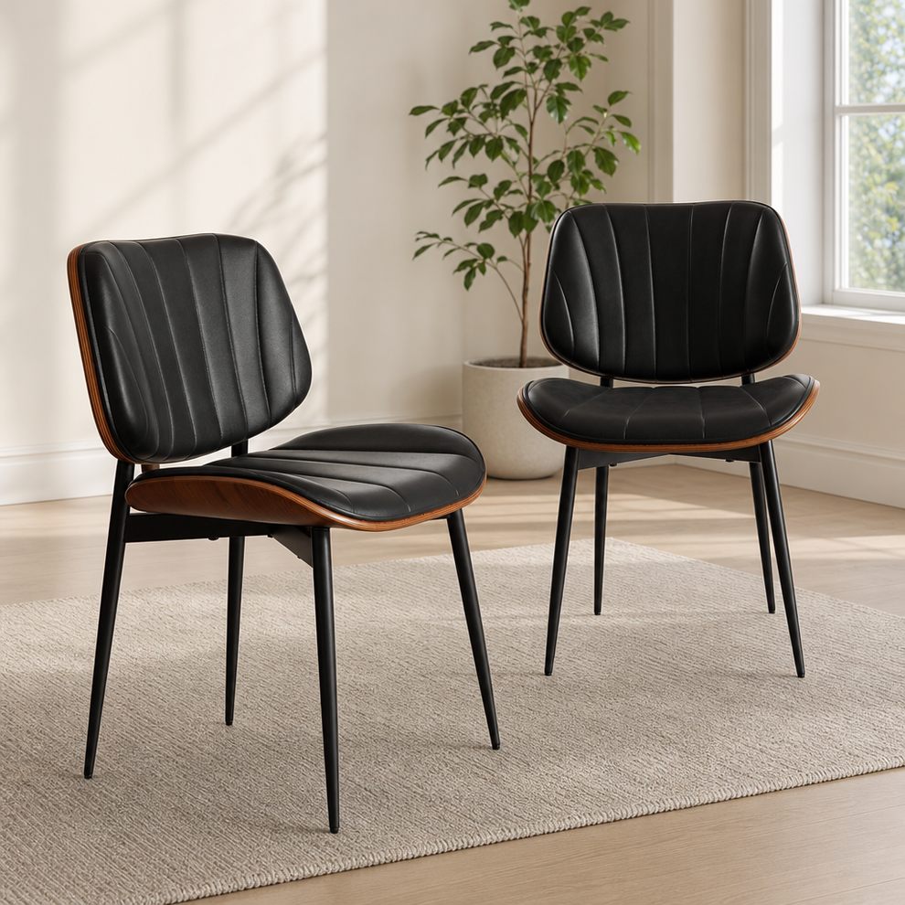 Dining Chairs with Faux Leather Upholstery, Walnut-Look Bentwood Back & Metal Legs centered in a warm neutral furnished room