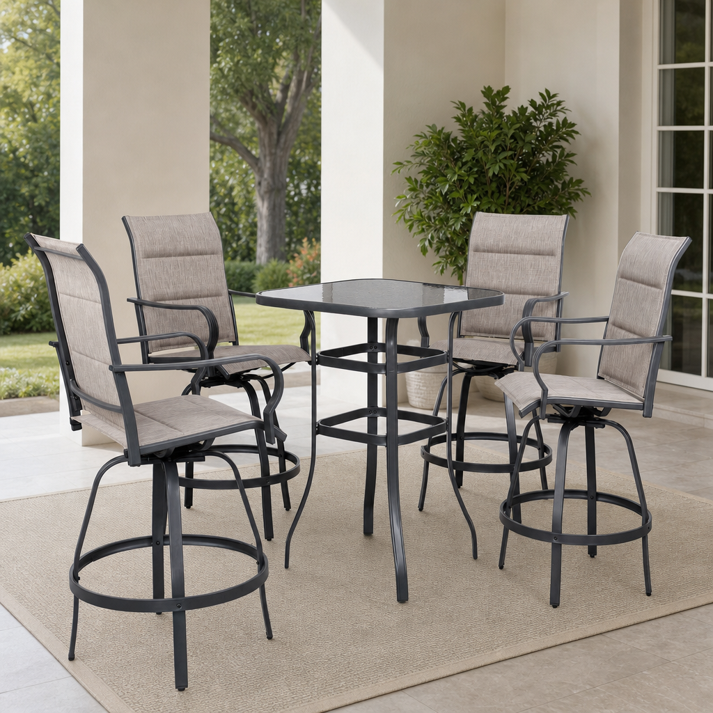 Outdoor Patio Bar Set with 4 Swivel Chairs and Tempered Glass Table centered in a warm neutral furnished room