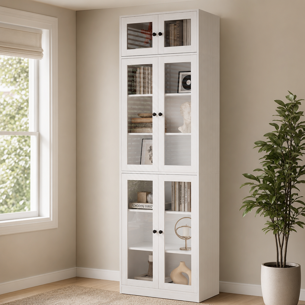 White glass-door bookcase standing beside a window in a neutral living room