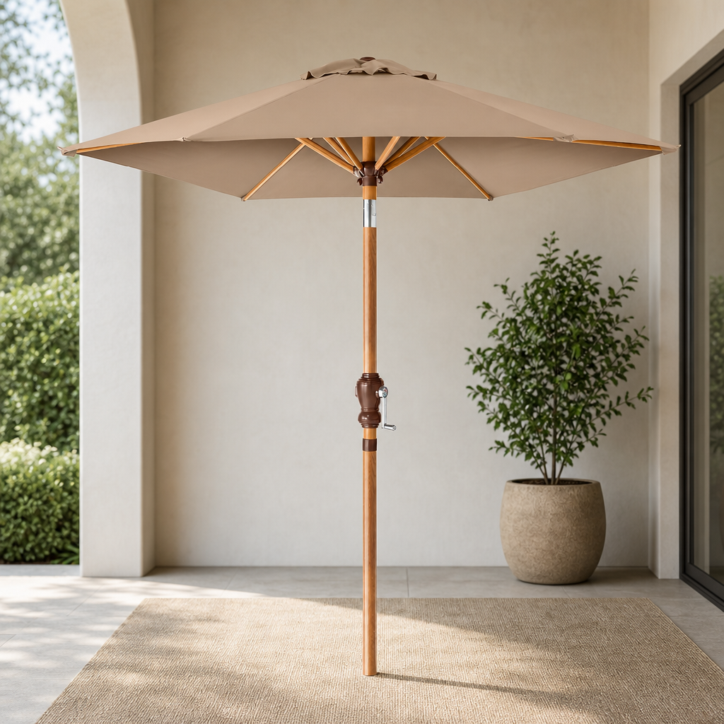 10 ft Outdoor Market Umbrella with Crank and Push-Button Tilt centered in a warm neutral furnished room