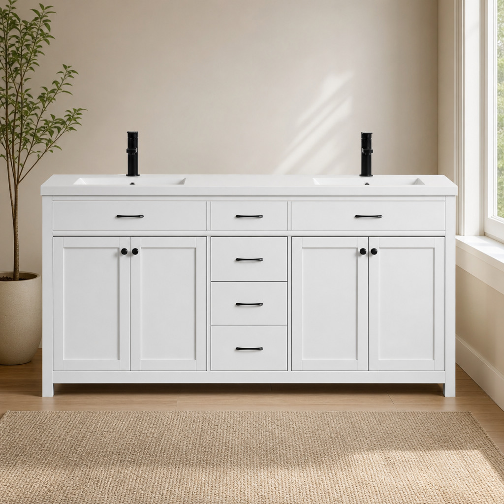 Bathroom Vanity Set — Painted MDF Cabinet with Integrated Sink, Included Faucet &  centered in a warm neutral furnished room