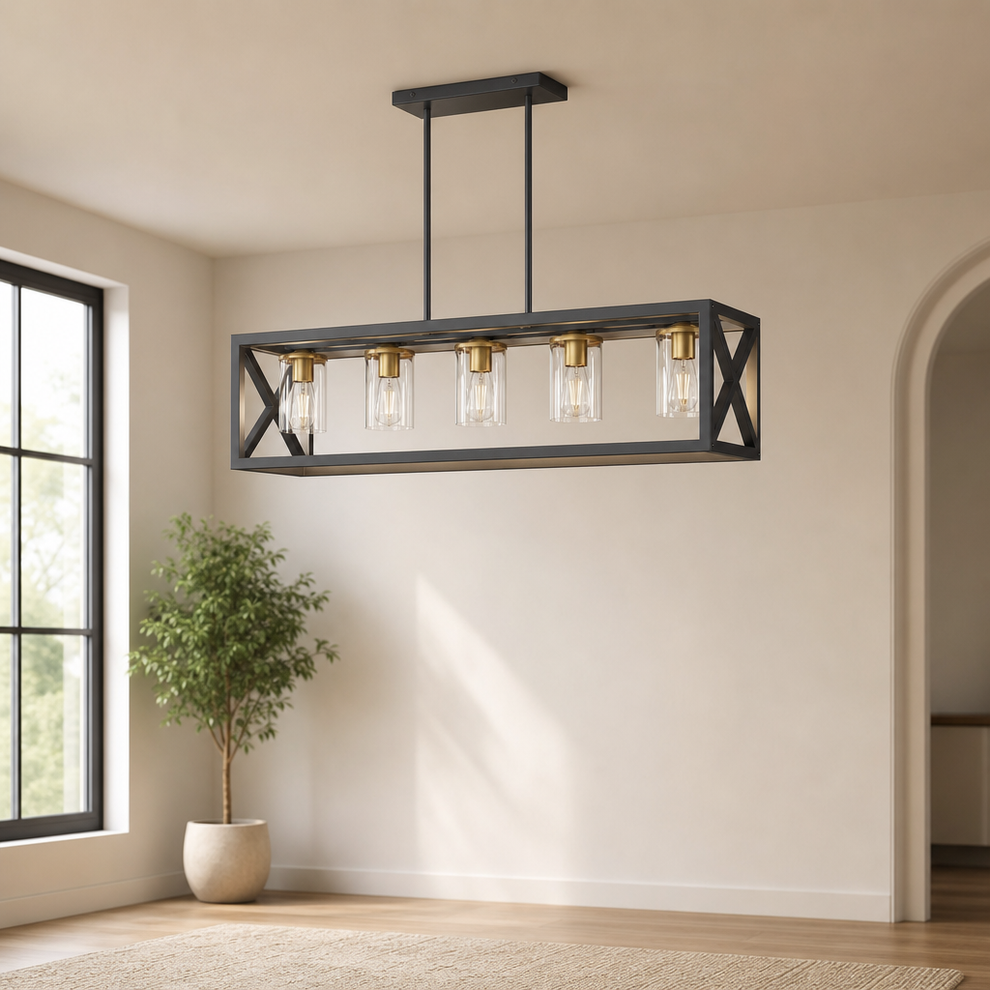 5-Light Adjustable Modern Farmhouse Dining Room Ceiling Light centered in a warm neutral furnished room