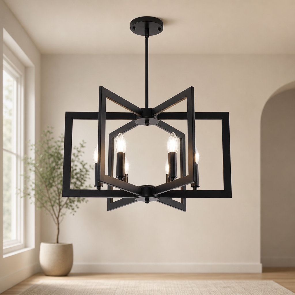 Geometric Chandelier centered in a warm neutral furnished room