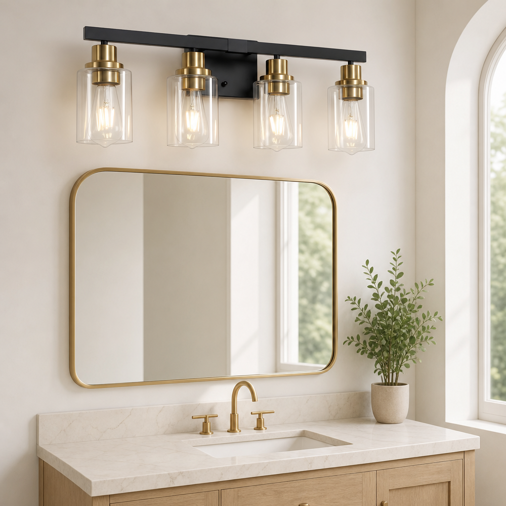 Hardwired Multi‑Light Vanity Wall Sconce with Clear Glass Shades — Select Finishes centered in a warm neutral furnished room