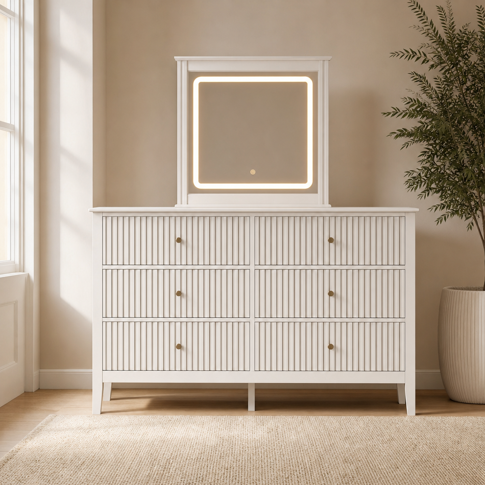 Fluted Dresser with Lighted Mirror — Multiple Drawer Configurations, Painted MDF centered in a warm neutral furnished room