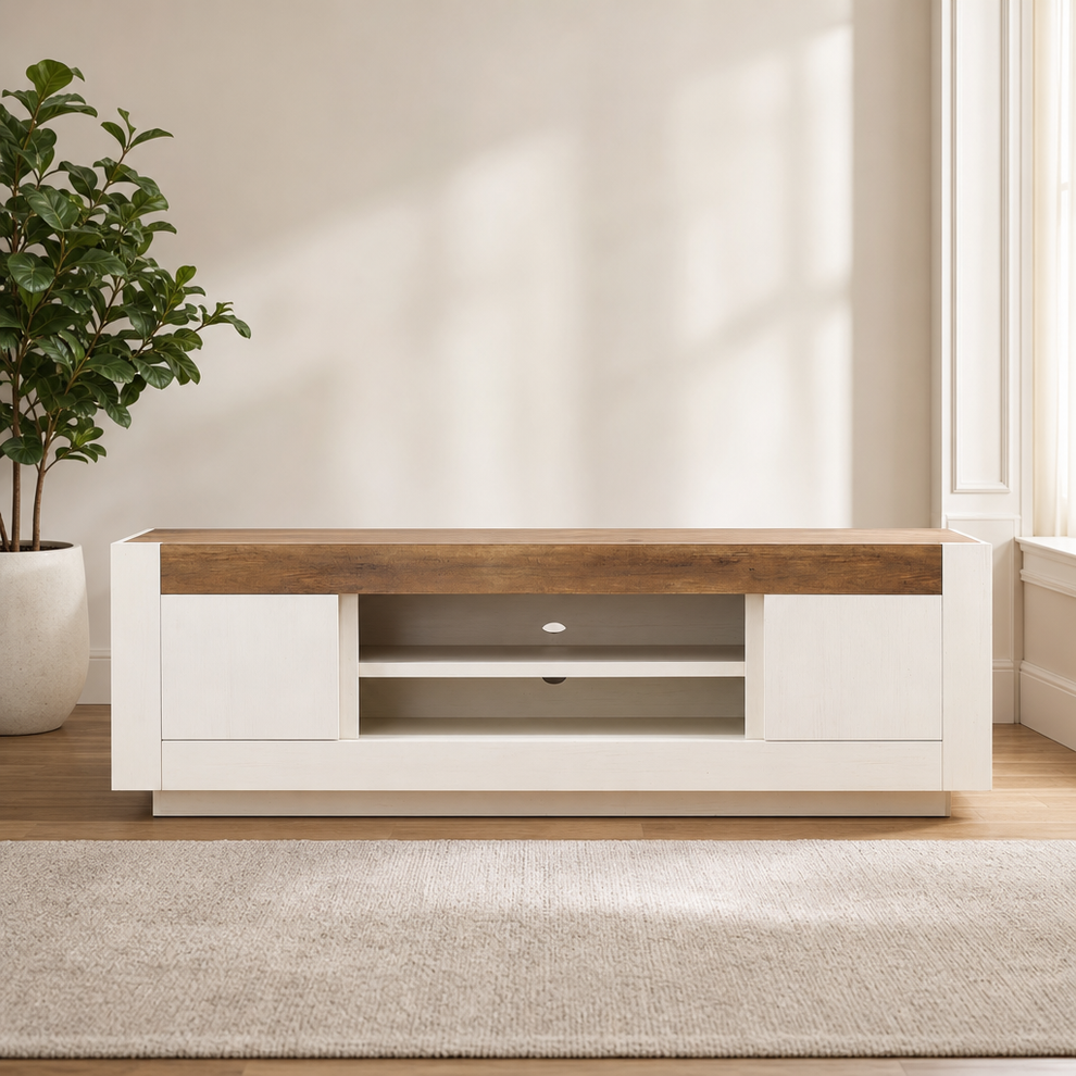 70-Inch TV Stand for TVs Up to 80 Inches, Antique White centered in a warm neutral furnished room