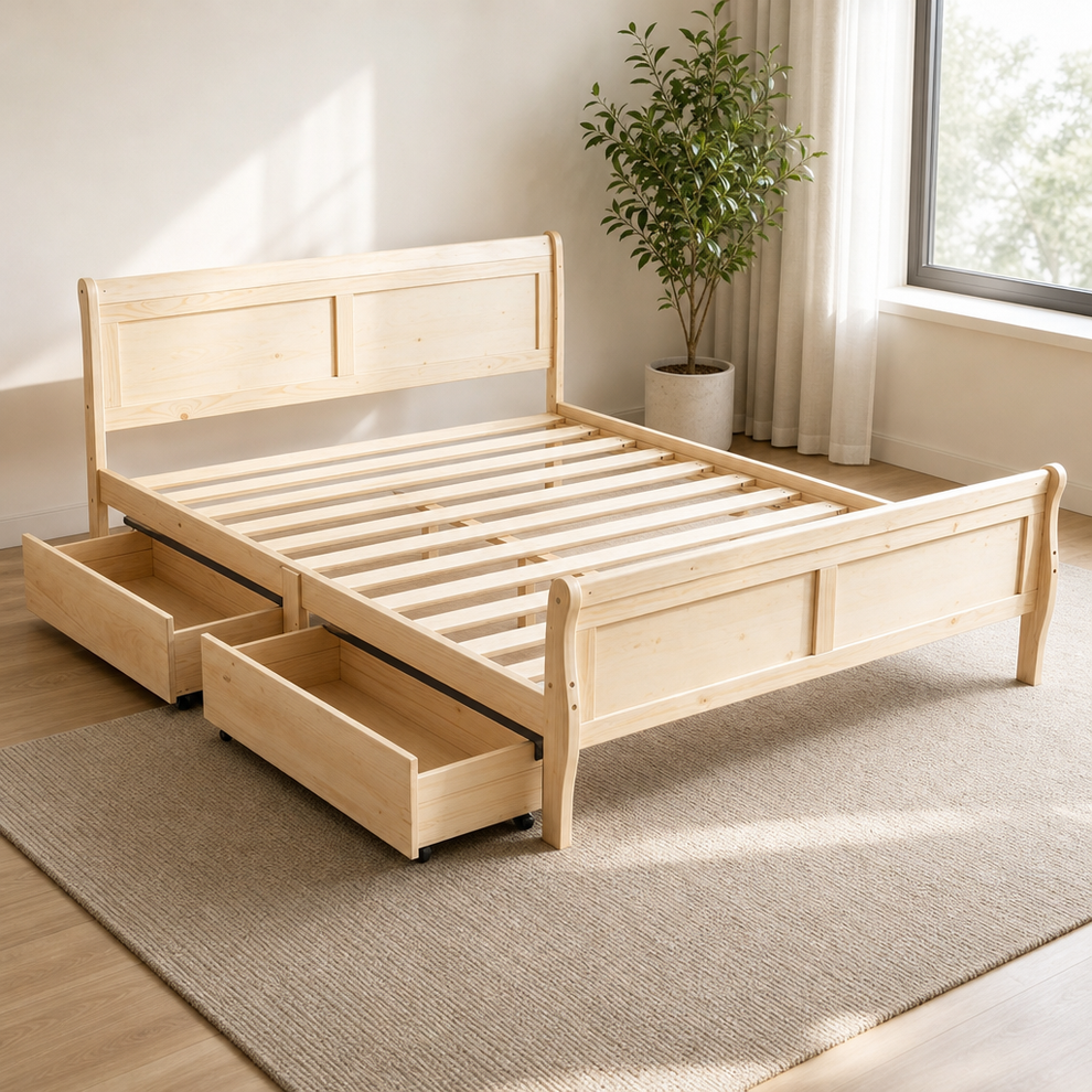 Solid Wood Sleigh Platform Bed with 2 Rolling Storage Drawers centered in a warm neutral furnished room