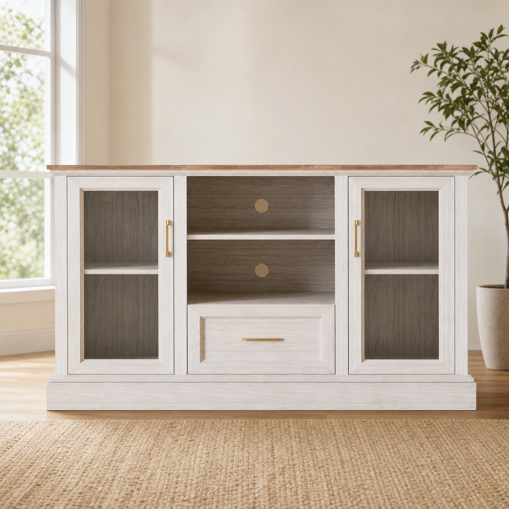 Farmhouse TV Stand with Tempered Glass Doors, MDF Construction, Rustic White centered in a warm neutral furnished room