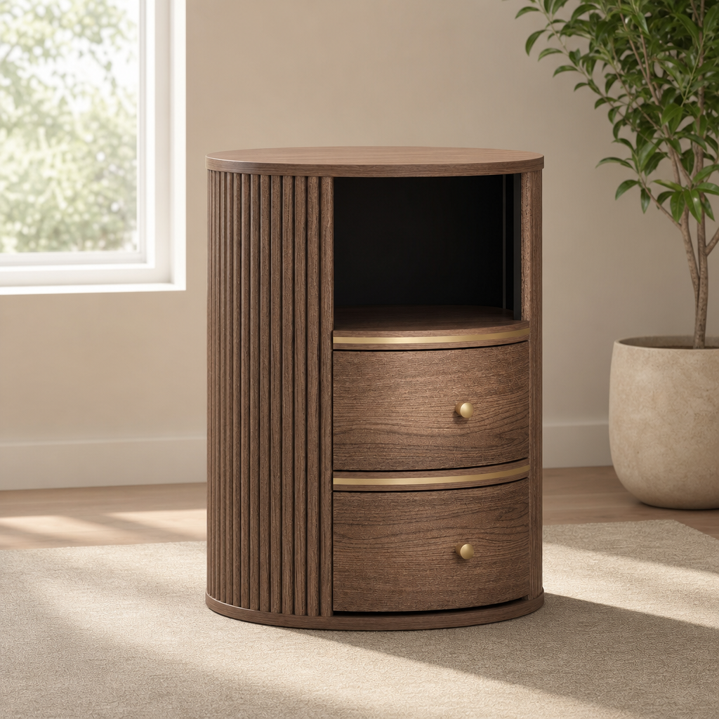 Round Fluted Nightstand with Open Shelf and Two Drawers, Gold Trim centered in a warm neutral furnished room