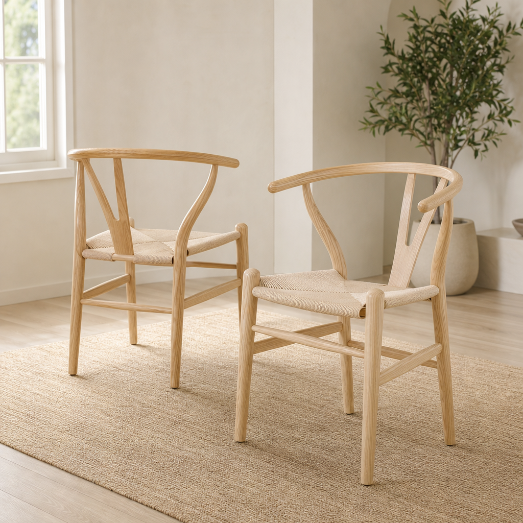 Wishbone Dining Chairs, Set of 2 — Solid Ash, Handwoven Kraft Paper Cord centered in a warm neutral furnished room