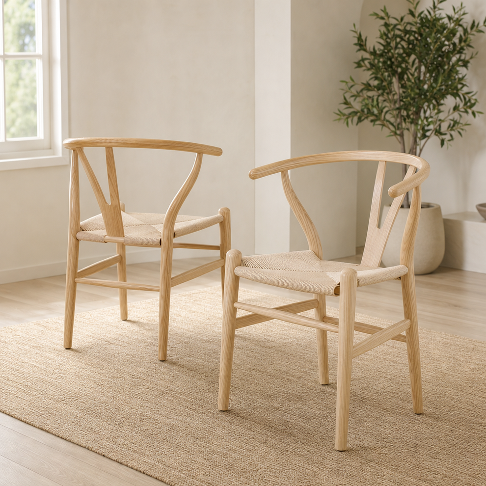 Wishbone Dining Chairs, Set of 2 — Solid Ash, Handwoven Kraft Paper Cord centered in a warm neutral furnished room