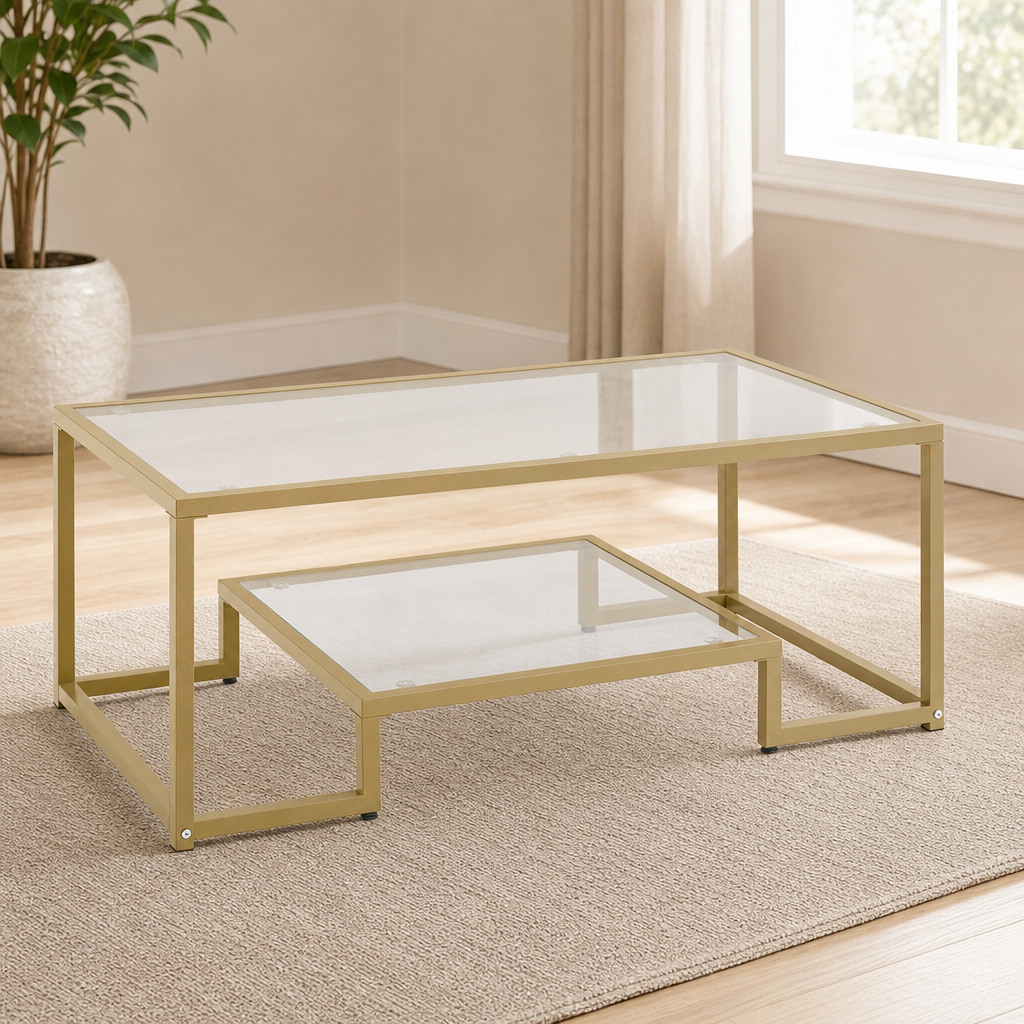 2-Tier Glass Coffee Table, 42 in — Tempered Glass Top & Iron Frame centered in a warm neutral furnished room