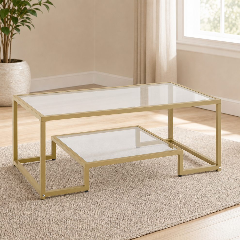 2-Tier Glass Coffee Table, 42 in — Tempered Glass Top & Iron Frame centered in a warm neutral furnished room