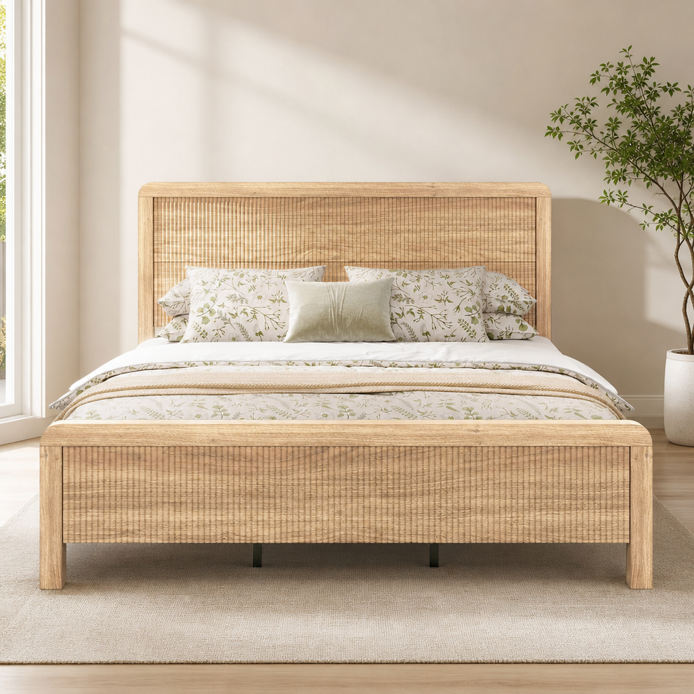 Fluted Panel Platform Bed Frame with Headboard and Footboard — Queen, King and Ful centered in a warm neutral furnished room