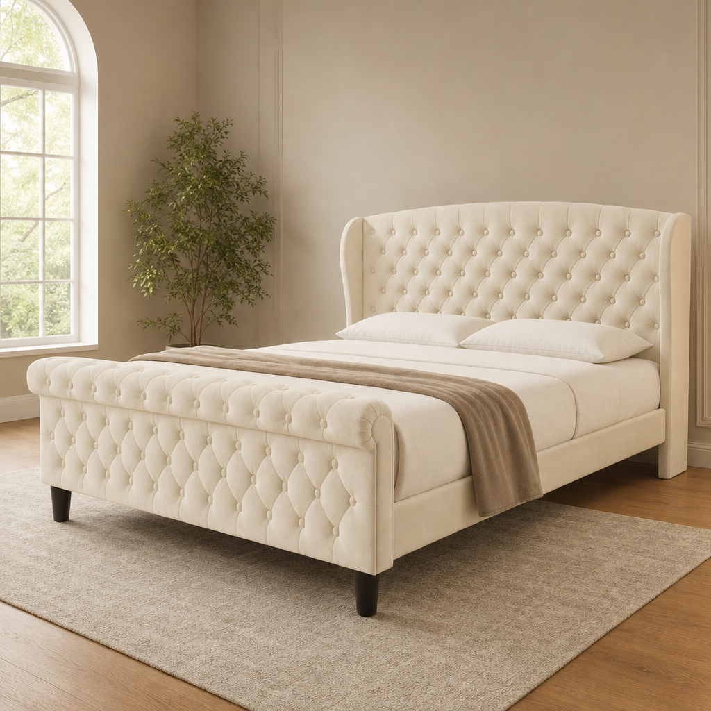 Queen & King Velvet Upholstered Sleigh Bed Frame, Wingback Tufted Headboard centered in a warm neutral furnished room