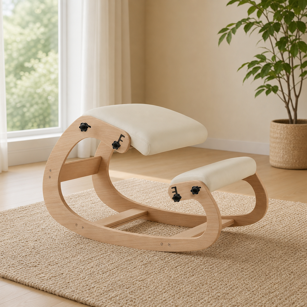 Wood-Frame Office Chair with Adjustable Seat Pads centered in a warm neutral furnished room