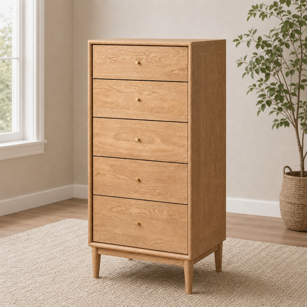 Slim Solid Oak Five-Drawer Dresser centered in a warm neutral furnished room
