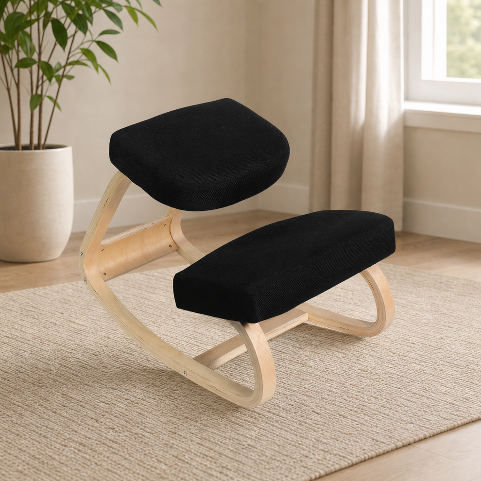 Wooden Rocking Kneeling Chair with Mesh Cushions — Light Wood Frame centered in a warm neutral furnished room