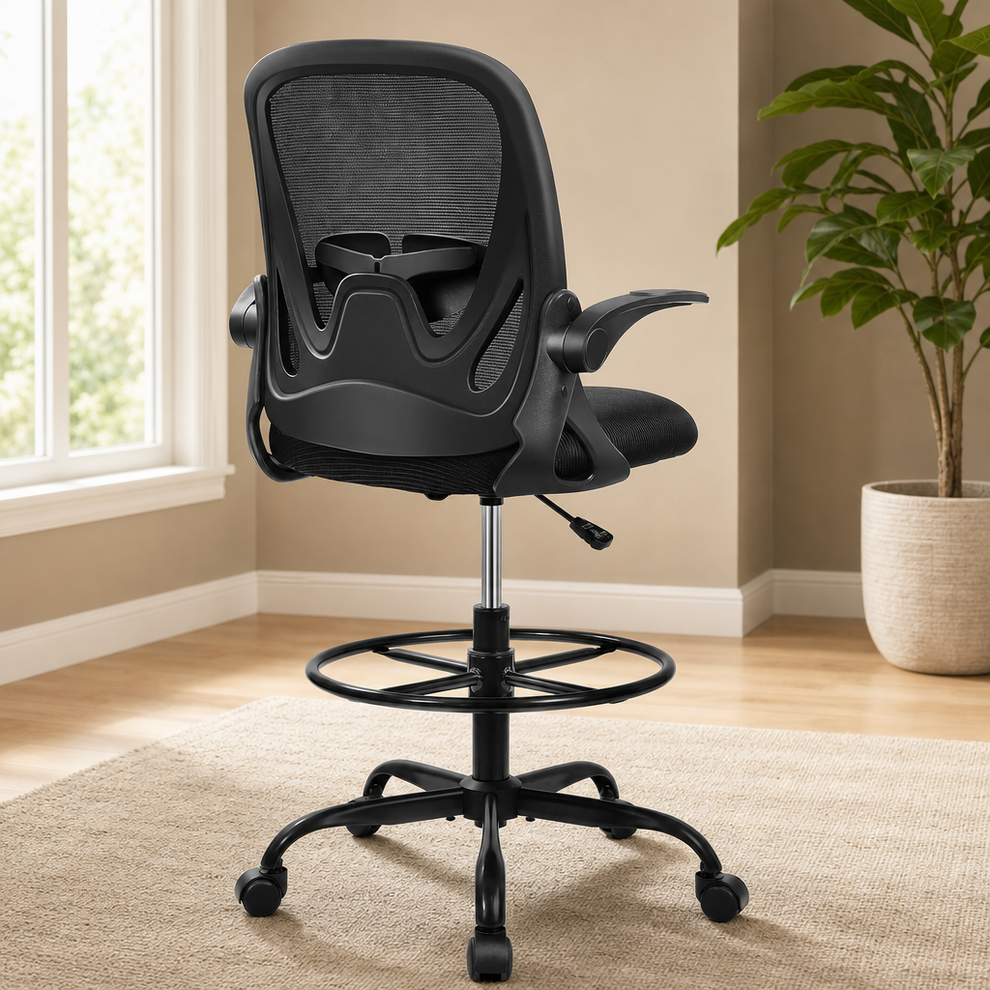 Tall Mesh Chair with Adjustable Foot Ring & Flip-Up Arms centered in a warm neutral furnished room