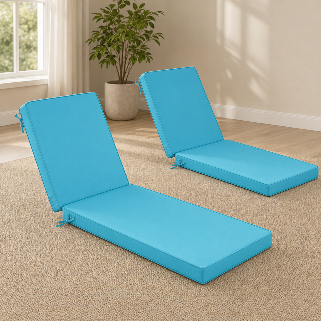 Outdoor Chaise Lounge Cushions, 2 Pack centered in a warm neutral furnished room