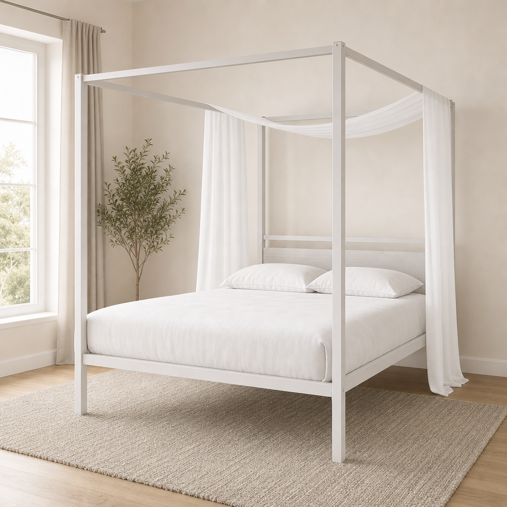 Canopy Platform Bed Frame with Wood-Grain Headboard and 4 Drawers centered in a warm neutral furnished room