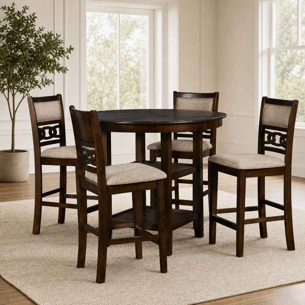 Gia 5-Piece Round Counter-Height Dining Set centered in a warm neutral furnished room
