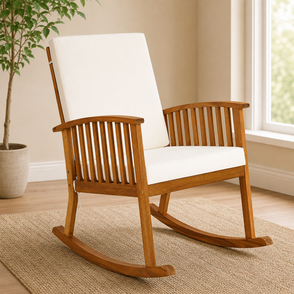 Solid Acacia Wood Rocking Chair with Cushions — Visit Furniture centered in a warm neutral furnished room