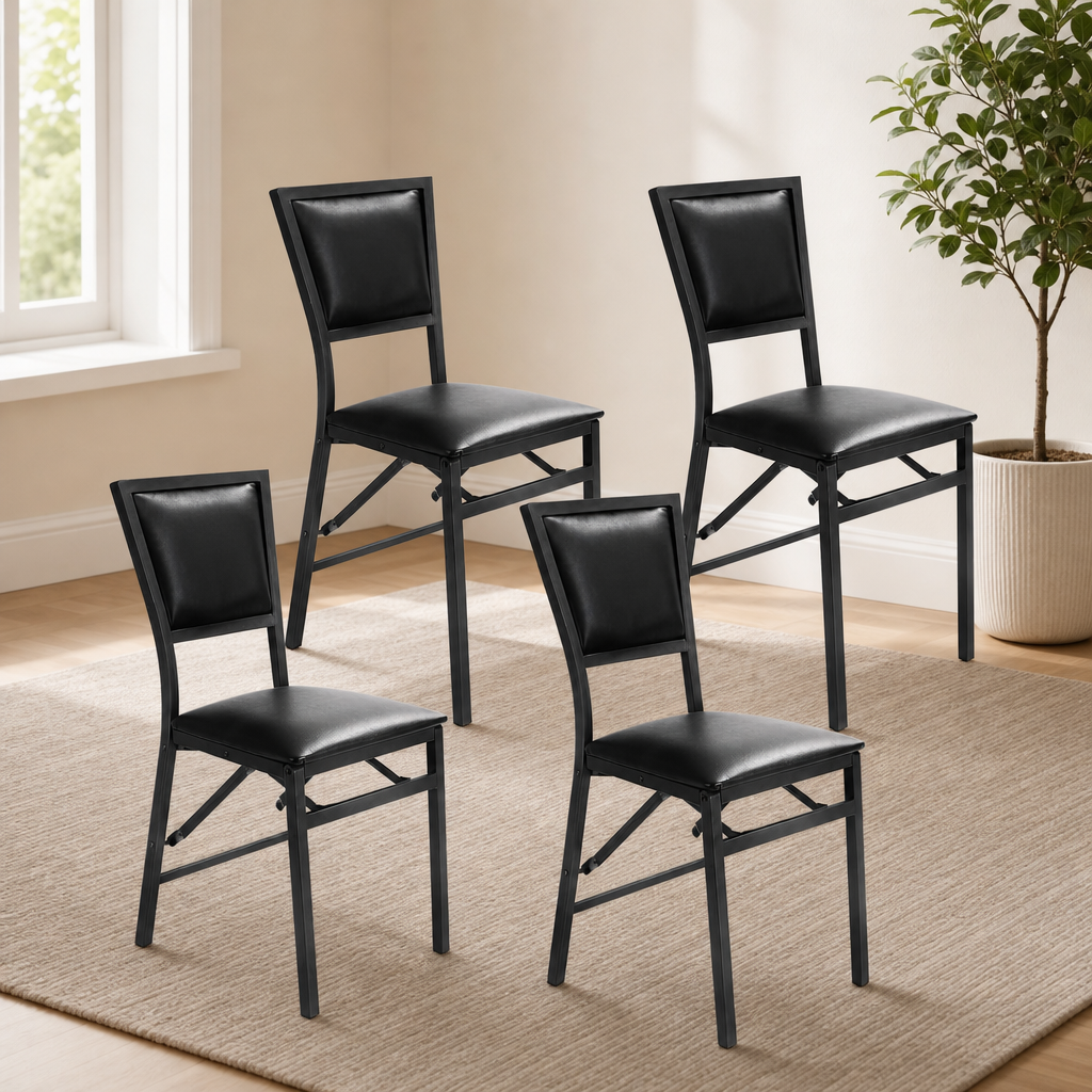 Parson-Style Folding Dining Chair — Padded Seat, Steel Frame, Protective Leg Caps centered in a warm neutral furnished room