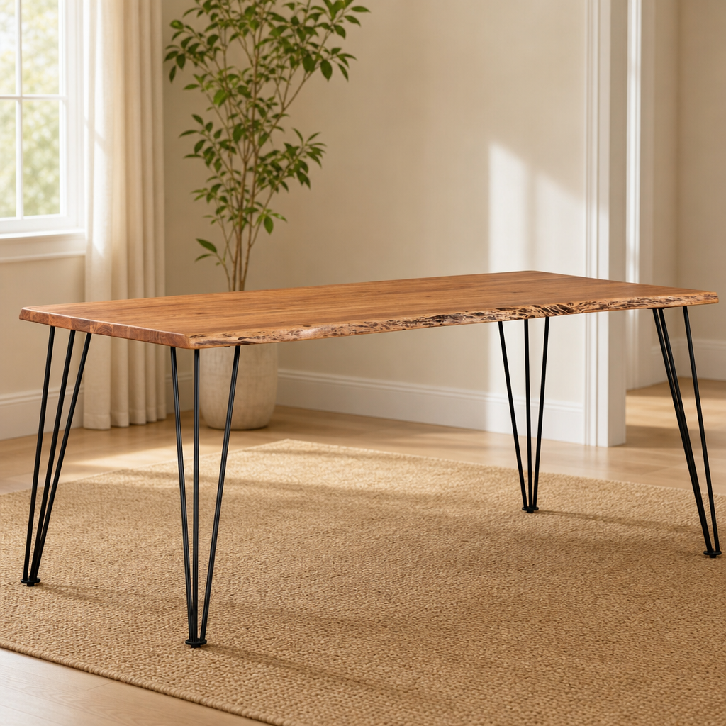71-Inch Solid Acacia Live-Edge Dining Table with Hairpin Metal Legs centered in a warm neutral furnished room