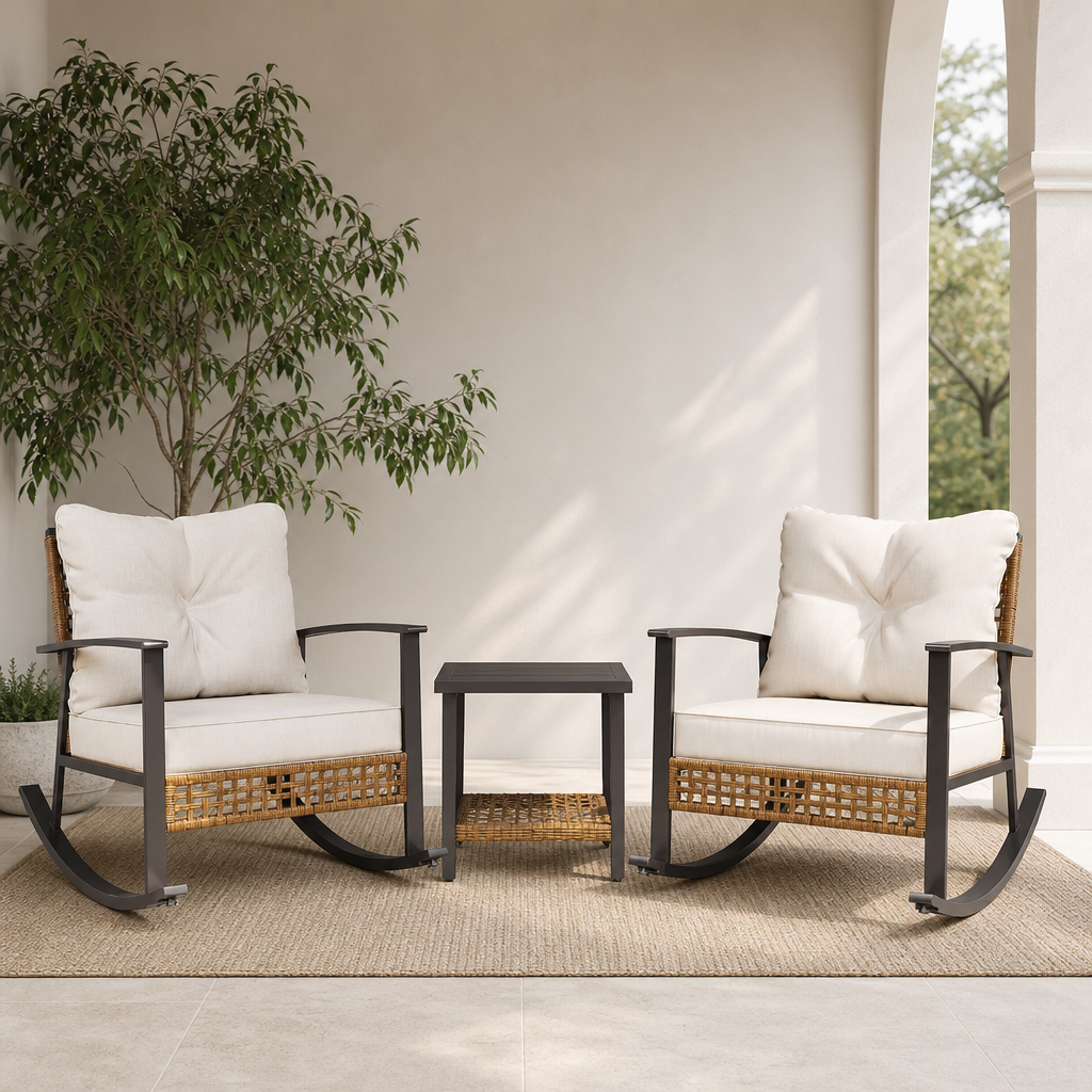 3-Piece Rocking Bistro Set — Metal & Rattan Outdoor Seating with Cushions (Beige o centered in a warm neutral furnished room