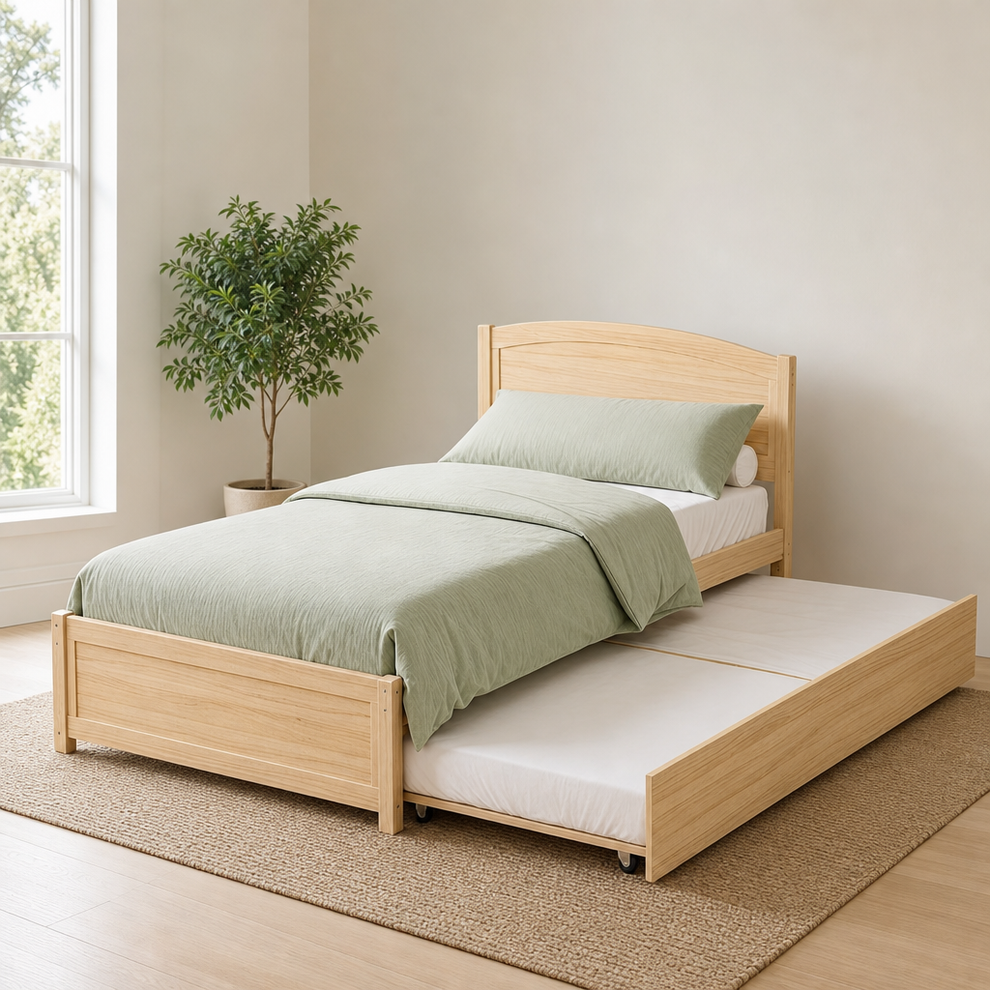 Daybed with Trundle, Twin Solid Pine Wood Bed with Slat Support (Natural, Grey, Wh centered in a warm neutral furnished room