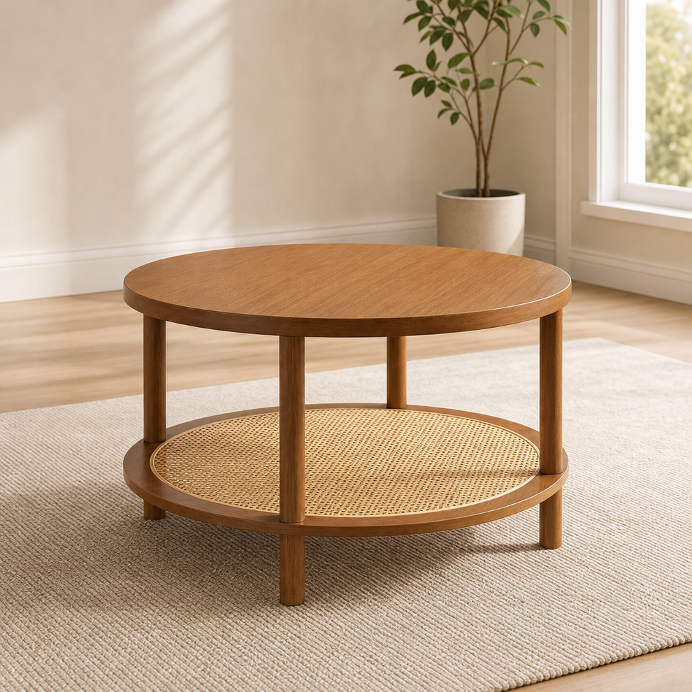 Two-Tier Coffee Table with PE Rattan Shelf, Round or Rectangular centered in a warm neutral furnished room