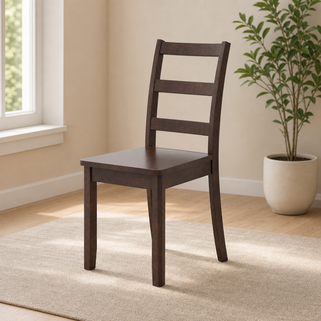 Armless Ladder-Back Dining Chair with Solid Rubberwood Legs — Multiple Colors centered in a warm neutral furnished room