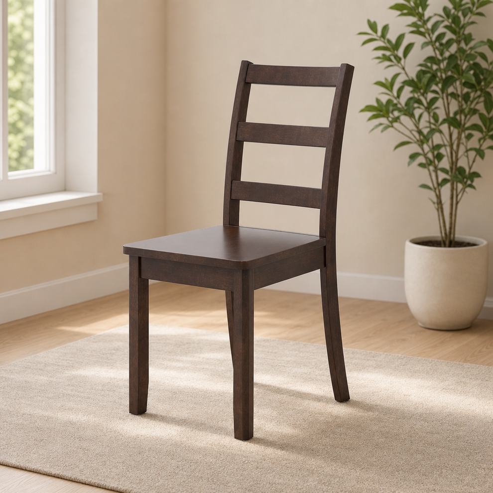 Armless Ladder-Back Dining Chair with Solid Rubberwood Legs — Multiple Colors centered in a warm neutral furnished room