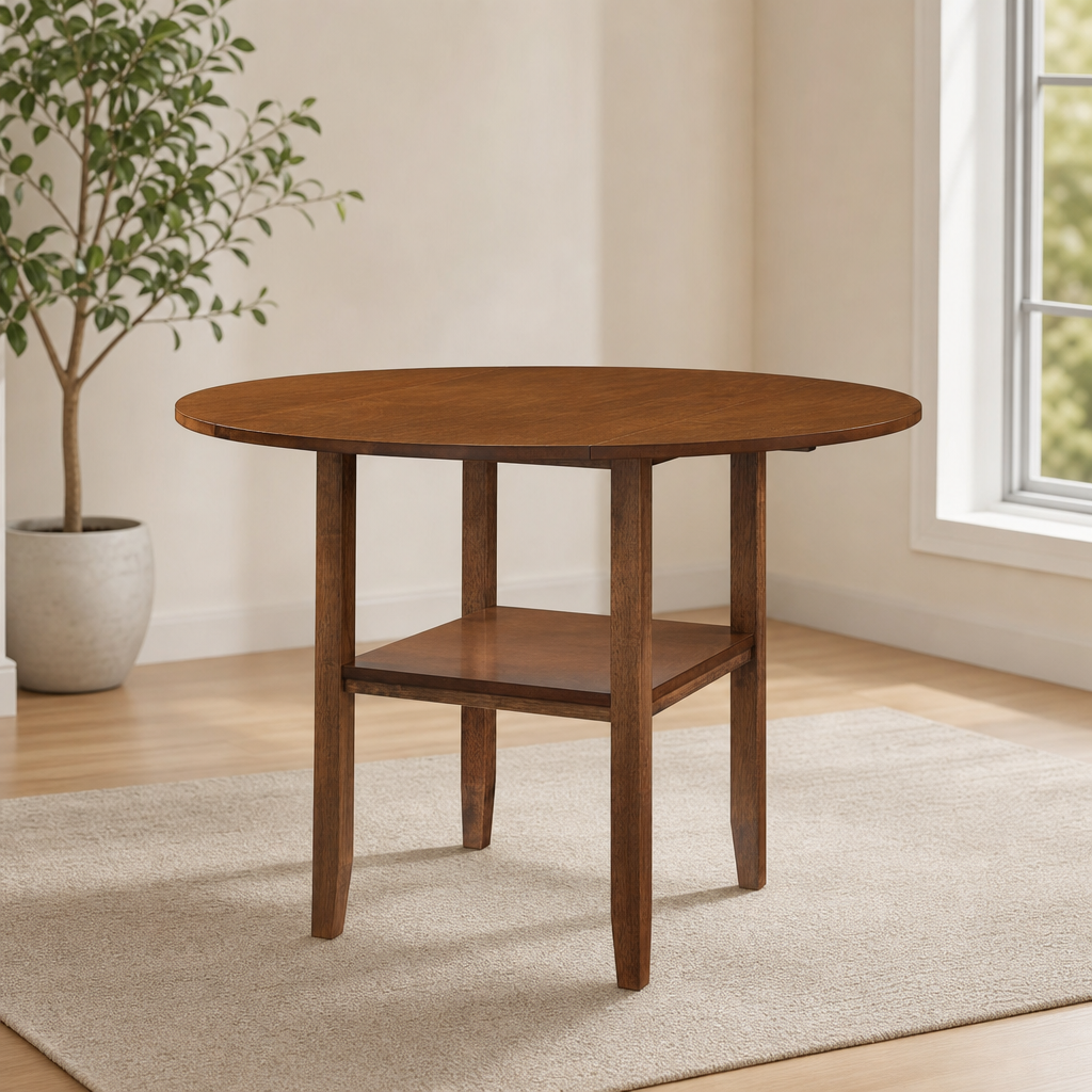 42-Inch Solid Wood Round Drop-Leaf Dining Table with Storage Shelf centered in a warm neutral furnished room