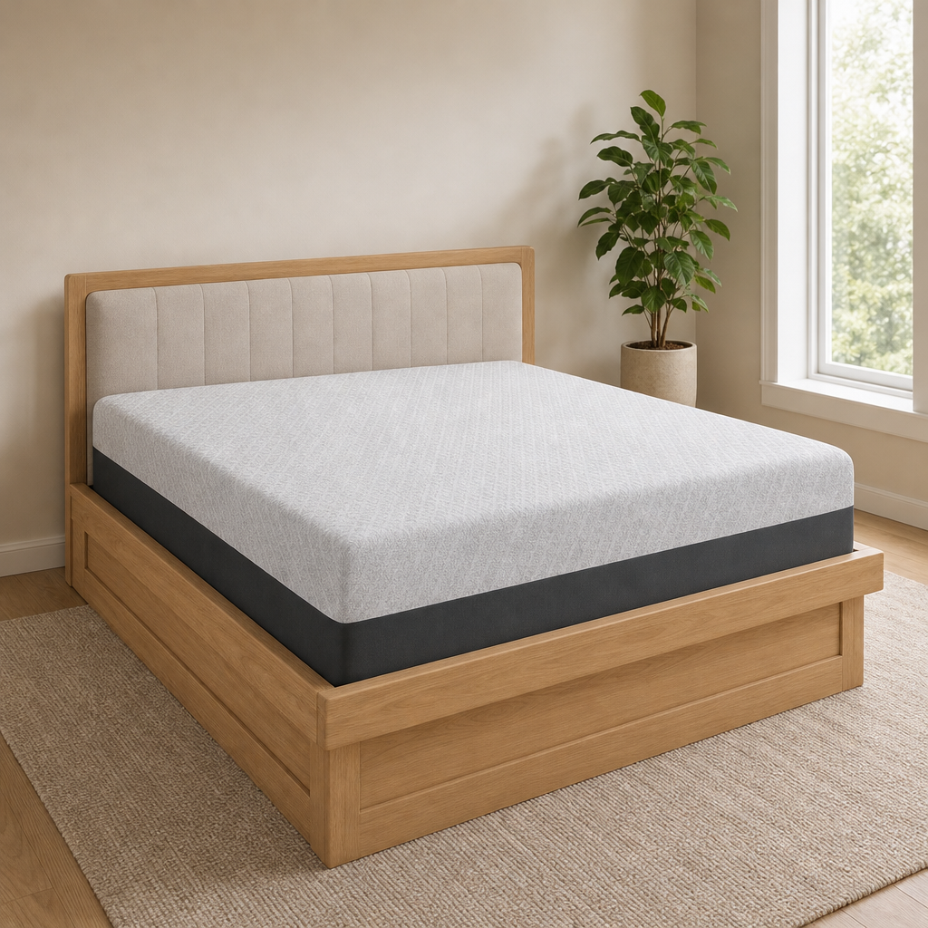 RV Mattress — Cooling Gel Bead Memory Foam, Multiple Firmness & Sizes centered in a warm neutral furnished room