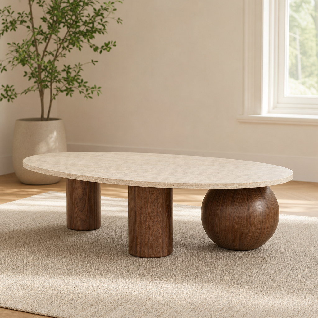 55-Inch Oval Coffee Table centered in a warm neutral furnished room