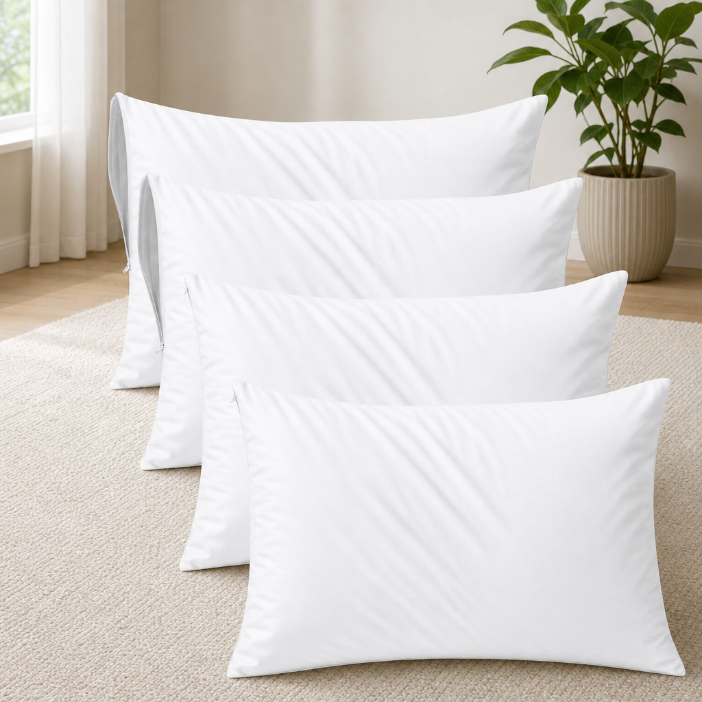 Waterproof Zippered Pillow Protectors, White, Set of 4 centered in a warm neutral furnished room