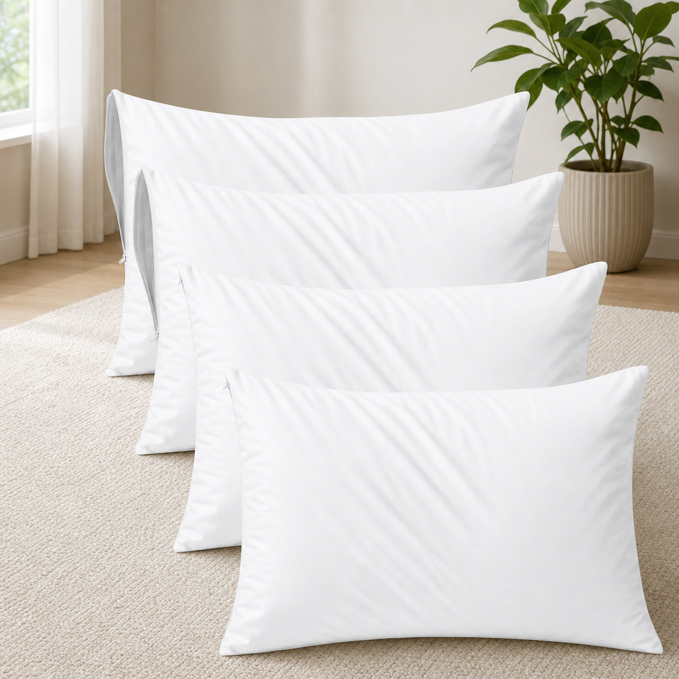 Waterproof Zippered Pillow Protectors, White, Set of 4 centered in a warm neutral furnished room